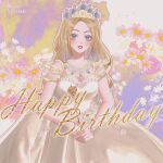  1girl artist_name blonde_hair blue_eyes blush breasts calligraphy caption cleavage corset crown dress eyebrows floral_background flower gem gift gift_art gown hands_together happy_birthday holding holding_wand jewelry lace large_breasts lipstick makeup necklace okitafuji petticoat portrait princess puffy_short_sleeves puffy_sleeves real_life red_lips rose scepter short_sleeves solo tiara wand wedding_dress white_dress white_flower white_rose 