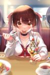  1girl alternate_costume alternate_eye_color alternate_hair_color alternate_universe blurry blurry_foreground blush bra bra_through_clothes breasts brown_eyes brown_hair cherry_stem_knot cleavage collarbone collared_shirt cup food highres hololive houshou_marine ice_cream long_hair medium_breasts mole mole_on_breast o-hako out_of_frame red_bra red_nails red_neckwear shirt solo sundae teacup tongue tongue_out twintails underwear virtual_youtuber white_shirt 