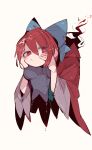  1girl black_shirt blue_bow bow breasts cape cropped_torso disembodied_head hair_bow highres holding_head impossible_clothes impossible_shirt looking_at_viewer massakasama medium_breasts red_cape red_eyes red_hair sekibanki shirt short_hair simple_background solo touhou upper_body 