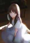  1girl barefoot brown_eyes brown_hair closed_mouth dress floor highres indoors long_hair looking_at_viewer looking_up ojay_tkym original pleated_dress short_sleeves sitting sitting_on_floor solo sunlight wariza white_dress 