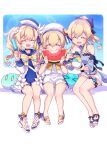  3girls barbara_pegg bare_legs black_bow blonde_hair bow closed_eyes commentary_request drill_hair eating flower food fruit genshin_impact hair_bow hair_flower hair_ornament hat highres jean_gunnhildr klee_(genshin_impact) legs low_twintails multiple_girls open_mouth ponytail popsicle sandals sansei_rain sitting slime_(genshin_impact) smile summer summer_uniform twin_drills twintails watermelon white_headwear 