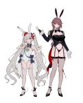  2girls animal_ears azur_lane black_bow black_footwear black_jacket black_legwear black_panties bow breasts bunny bunny_ears card cleavage crown duca_degli_abruzzi_(azur_lane) epaulettes fake_animal_ears fishnet_legwear fishnets flat_chest floating_headgear framed_breasts garter_straps gold_trim grey_hair hair_ribbon high_heels highres holding holding_card jacket large_breasts leotard long_hair looking_at_viewer mechanical_arms mini_crown multiple_girls official_alternate_costume ohisashiburi one_eye_closed panties red_eyes red_hair red_ribbon ribbon shoes single_mechanical_arm skindentation thighhighs underwear valiant_(azur_lane) very_long_hair white_legwear white_leotard wrist_cuffs 