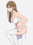  1girl bra breasts brown_eyes brown_hair cleavage commentary dressing eyebrows_visible_through_hair feet_out_of_frame glasses highres long_hair looking_at_viewer looking_to_the_side medium_breasts navel onsen_tamago_(hs_egg) panties red-framed_eyewear simple_background solo soredemo_machi_wa_mawatteiru tatsuno_toshiko thighhighs thighs underwear white_background white_bra white_panties 