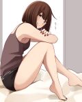  1girl armpits barefoot black_panties blush bob_cut brand_name_imitation brown_hair calvin_klein camisole commentary_request crossed_arms highres kapatarou legs looking_at_viewer nail_polish original panties red_nails short_hair sitting smile solo toenail_polish translated underwear 