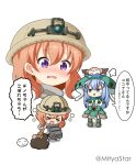  &gt;_&lt; 2girls angora_rabbit animal blue_eyes blue_hair blush boots brown_footwear brown_hair brown_headwear brown_jacket bunny chestnut_mouth chibi closed_eyes commentary_request cosplay cosplay_request gloves gochuumon_wa_usagi_desu_ka? green_gloves green_headwear green_skirt hair_ornament helmet highres hoto_cocoa jacket kafuu_chino long_hair long_sleeves made_in_abyss miicha multiple_girls on_head open_mouth prushka prushka_(cosplay) purple_eyes shadow shirt skirt squatting standing tears tippy_(gochiusa) translation_request twitter_username very_long_hair wavy_mouth white_background white_shirt x_hair_ornament 