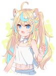  1girl animal_ear_fluff animal_ears bangs bare_shoulders blonde_hair blue_eyes blue_hair blush_stickers bow camisole claw_pose collarbone commentary_request eyebrows_behind_hair fang hair_between_eyes hair_bow hand_up highres indie_virtual_youtuber long_hair looking_away meito_(maze) multicolored_hair open_mouth pleated_skirt see-through shidou_lio skirt solo streaked_hair twintails very_long_hair virtual_youtuber white_bow white_camisole white_skirt wrist_cuffs 