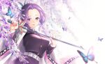  1girl absurdres belt belt_buckle black_hair blurry blurry_foreground breasts buckle bug butterfly butterfly_hair_ornament flower gradient_hair hair_ornament haori highres holding holding_sword holding_weapon insect jacket japanese_clothes kimetsu_no_yaiba kochou_shinobu large_breasts long_sleeves multicolored_hair purple_eyes purple_flower purple_hair purple_jacket sha shiny shiny_hair short_hair smile solo standing sword weapon white_belt 