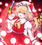  1girl :d ascot bangs blonde_hair bow cowboy_shot crystal danmaku eyebrows_visible_through_hair fang flandre_scarlet hat hat_bow highres looking_at_viewer medium_hair mob_cap open_mouth puffy_short_sleeves puffy_sleeves red_bow red_eyes red_skirt red_vest shirt short_sleeves side_ponytail skin_fang skirt smile solo spell_card standing touhou vest white_headwear white_shirt wings wrist_cuffs yellow_neckwear yurui_tuhu 
