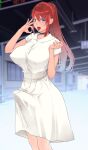  1girl black_choker blue_eyes blush breasts bulge choker commentary dixsept dress erection erection_under_clothes fellatio_gesture futanari large_breasts light_blush long_hair open_mouth original ponytail red_hair solo tongue tongue_out white_dress 