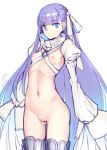  1girl artist_name ass_visible_through_thighs bangs blue_eyes blunt_bangs bosshi bottomless breastless_clothes breasts closed_mouth commentary_request cowboy_shot eyebrows_visible_through_hair fate_(series) grey_legwear hair_ribbon highres juliet_sleeves long_hair long_sleeves meltryllis_(fate) navel nipples puffy_sleeves purple_hair pussy ribbon ribs simple_background small_breasts solo stomach straight_hair thighhighs uncensored v-shaped_eyebrows very_long_hair white_background white_ribbon 