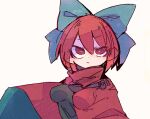  1girl black_shirt blue_bow bow breasts bright_pupils cape hair_bow high_collar impossible_clothes impossible_shirt looking_at_viewer massakasama medium_breasts red_cape red_eyes red_hair sekibanki shirt short_hair simple_background solo touhou upper_body 