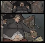  2boys black_border border come_hither emlan english_text ethan_winters fat fat_man headpat multiple_boys multiple_rings navel obese resident_evil resident_evil_village smile the_duke_(resident_evil) 