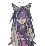  1girl :d bangs black_hair blue_hair commentary danganronpa_(series) danganronpa_2:_goodbye_despair eyebrows_visible_through_hair fingerless_gloves gloves grey_shirt hair_horns hand_on_own_chin hand_up long_hair mioda_ibuki mismatched_legwear multicolored_hair neckerchief open_mouth piercing pink_eyes pink_hair school_uniform serafuku shiny shiny_hair shirt short_sleeves smile solo striped striped_gloves sweatdrop tami_tome_mo torn_clothes torn_gloves translation_request white_hair 