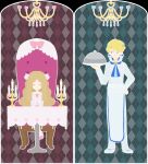  1boy 1girl apron argyle argyle_background arm_at_side blonde_hair blouse blue_background blue_eyes blue_neckwear border buttons caitlin_(pokemon) candelabra candle chandelier chef chef_uniform closed_eyes double-breasted elite_four foxrain1223 hair_ribbon heart holding holding_tray long_hair looking_to_the_side neckerchief pants parted_lips pink_background pink_blouse pink_footwear pink_ribbon pink_shirt pokemon pokemon_(game) pokemon_dppt pokemon_platinum pokemon_xy ribbon sanpaku shirt siebold_(pokemon) sitting standing table tray vector_trace very_long_hair white_apron white_border white_pants white_uniform younger 