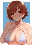  1girl bangs bare_arms bare_shoulders bikini blue_background blush border breasts brown_hair cleavage closed_mouth collarbone eyebrows_visible_through_hair hands_on_own_chest honda_mio idolmaster idolmaster_cinderella_girls large_breasts looking_at_viewer outside_border short_hair simple_background smile solo swimsuit tomajiyama underboob upper_body white_bikini white_border yellow_eyes 