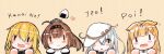  4girls ahoge akizuki_(kancolle) black_headband black_ribbon black_sailor_collar blonde_hair brown_hair chibi clothes_writing commentary_request flat_cap food hachimaki hair_flaps hair_ribbon hat headband hibiki_(kancolle) highres kantai_collection long_hair looking_at_viewer multiple_girls onigiri poipoi_purin ponytail remodel_(kantai_collection) ribbon romaji_text sailor_collar satsuki_(kancolle) scarf translation_request twintails upper_body verniy_(kancolle) white_hair white_headwear white_scarf yuudachi_(kancolle) |_| 