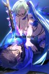  1boy 1girl bangs bikini black_hair black_shirt blue_hair blush bracelet breasts brynhildr_(fate) brynhildr_(swimsuit_berserker)_(fate) closed_eyes couple echo_(circa) fate/grand_order fate_(series) glasses hair_ornament hair_scrunchie jewelry leg_garter legs long_hair lying memories_with_my_lover on_back purple_eyes scrunchie shirt short_hair side_ponytail sigurd_(fate) smile swimsuit sword very_long_hair weapon white_bikini 