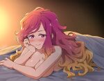  1girl aikatsu!_(series) aikatsu_friends! arm_support blonde_hair blush breasts cleavage closed_mouth completely_nude gradient_hair hair_down head_rest large_breasts looking_at_viewer multicolored_hair nude purple_hair red_eyes red_hair smile solo tenshou_hibiki under_covers yoban 