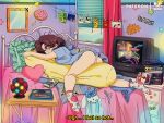 1990s_(style) 1girl akira artist_name ass bed bedroom blue_shirt bluethebone bluethebone_(character) blush body_pillow brown_eyes brown_hair card cartoon_network commentary crt day doughnut english_commentary english_text fever folding_table food game_boy handheld_game_console heart heart_pillow indoors lying medium_hair mighty_morphin_power_rangers mirror nickelodeon object_request on_bed on_stomach one_eye_closed original panties patreon_username pillow pink_panties polka_dot polka_dot_legwear power_rangers retro_artstyle shirt solo subtitled television tv_dinner underwear window 