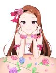  1girl arm_strap blush bow brown_hair closed_mouth collarbone flower hair_bow hair_flower hair_ornament highres idolmaster idolmaster_(classic) long_hair looking_at_viewer maa_(io_215) minase_iori pink_flower pink_rose purple_eyes red_bow rose shiny shiny_hair simple_background smile solo upper_body very_long_hair white_background wrist_flower 