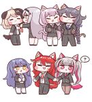  6+girls :3 =_= ? adjusting_clothes adjusting_necktie animal_ear_fluff animal_ears bangs black_lilith blonde_hair blush_stickers braid brown_hair bulga cat_ears cat_girl cat_tail chibi cs_perrault dog_ears dog_girl dog_tail eternity_(last_origin) fang fenrir_(last_origin) formal full_body garter_straps hachiko_of_castling holding_hands last_origin long_hair mole mole_under_mouth multicolored_hair multiple_girls necktie open_clothes open_mouth open_shirt pant_suit pantyhose pencil_skirt pink_eyes pink_hair poi_(last_origin) red_hair side_slit silver_hair simple_background skirt skirt_suit snow_feather suit sweatdrop tail thighhighs twin_braids twintails two-tone_hair white_background white_legwear wolf_ears wolf_girl yellow_eyes 