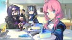  3girls ahoge andreana_(arknights) animal_ears arknights belt black_jacket black_mask blue_eyes blue_hair blue_jacket blue_poison_(arknights) bowl cake cake_slice cake_stand chinese_commentary commentary copyright_name cupboard double_bun eating faucet food fork fur-trimmed_hood fur_trim glaucus_(arknights) goggles goggles_on_head hakugeiken highres holding holding_fork holding_plate hood hood_down hood_up ice_cream incoming_food indoors jacket kitchen long_hair looking_at_viewer low_twintails mask medium_hair microwave mouth_mask multicolored_hair multiple_girls octopus official_art open_clothes open_jacket pastry_bag pink_hair plate ponytail purple_hair rectangular_pupils shirt smile spatula squid_ink sundae twintails upper_body utensil_in_mouth utility_belt watermark white_shirt window 