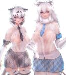  2girls animal_ears animal_print areolae arms_at_sides bangs black_hair blue_eyes blush breasts cat_girl chestnut_mouth collared_shirt colored_inner_hair covered_nipples cowboy_shot dripping ears_down elbow_gloves extra_ears eyebrows_visible_through_hair fang fur_collar garter_straps gloves hair_between_eyes hands_up height_difference highres huge_breasts kemono_friends large_breasts lion_ears lion_girl lion_tail long_hair looking_at_viewer medium_hair microskirt miniskirt multicolored_hair multiple_girls necktie no_bra open_mouth pantyhose parted_lips plaid plaid_neckwear plaid_skirt plaid_sleeves plaid_trim print_gloves print_legwear see-through shibori_kasu shirt side-by-side sidelocks silver_hair simple_background skirt stomach tail taut_clothes taut_shirt thighhighs tiger_ears tiger_girl tiger_print tiger_tail tsurime two-tone_hair wet wet_clothes wet_face wet_hair wet_shirt white_background white_hair white_lion_(kemono_friends) white_shirt white_tiger_(kemono_friends) white_tiger_print wing_collar zettai_ryouiki 