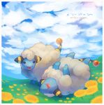  :d border closed_eyes cloud commentary_request day flower gen_2_pokemon grass highres kikuyoshi_(tracco) lying mareep no_humans on_back open_mouth outdoors pokemon pokemon_(creature) sheep signature sky smile tongue white_border 