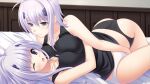  2girls ass asymmetrical_docking bed_sheet black_panties black_tank_top blue_eyes breast_press breasts closed_mouth couple cryska_barchenowa eye_contact fingering fingering_through_clothes game_cg indoors inia_sestina large_breasts long_hair looking_at_another lying multiple_girls muvluv muvluv_alternative muvluv_alternative_strike_frontier official_art on_back one_eye_closed open_mouth panties short_hair silver_hair tank_top through_clothes underwear white_panties yuri 