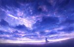  1other ambiguous_gender black_coat cloud coat commentary_request dusk facing_away feet_out_of_frame highres hill long_hair long_sleeves looking_up original outdoors purple_sky purple_theme sakimori_(hououbds) scenery shooting_star sky star_(sky) 