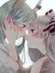  2girls bangs blush bow collared_shirt ex-keine eyebrows_visible_through_hair fujiwara_no_mokou green_hair hair_strand hands_on_another&#039;s_face height_difference hime_cut horn_bow horn_ornament horn_ribbon horns imminent_kiss kamishirasawa_keine lips looking_at_another mokoiscat multiple_girls noses_touching puffy_short_sleeves puffy_sleeves red_eyes ribbon shirt short_sleeves sidelocks silver_hair smile touhou white_background yuri 