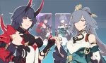  2girls :| blue_hair breasts chinese_clothes closed_mouth clothing_cutout fu_hua fu_hua_(azure_empyrea) gameplay_mechanics grey_eyes grey_hair hair_ornament hair_over_one_eye hairpin high_ponytail holding_hands honkai_(series) honkai_impact_3rd horns large_breasts long_hair long_sleeves maiqo multiple_girls purple_eyes raiden_mei raiden_mei_(herrscher_of_thunder) red_horns sideboob small_breasts smile yin_yang 