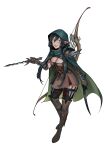  1girl absurdres arrow_(projectile) bangs belt black_hair black_legwear blue_eyes blush boots bow_(weapon) breasts cleavage cleavage_cutout cloak clothing_cutout commentary commission dagger dual_wielding english_commentary full_body gloves green_cloak hair_between_eyes high_heel_boots high_heels highres holding holding_dagger holding_weapon hood hood_up hooded_cloak knife less looking_at_viewer medium_breasts original parted_lips pointy_ears quiver sidelocks simple_background smile solo teeth thigh_boots thigh_strap thighhighs throwing_knife weapon white_background 
