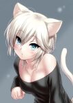  1girl anastasia_(idolmaster) animal_ear_fluff animal_ears bangs bare_shoulders black_shirt blue_eyes blush breasts cat_ears cat_tail cleavage commentary_request eyebrows_visible_through_hair grey_background hair_ornament head_tilt idolmaster idolmaster_cinderella_girls long_sleeves looking_at_viewer off-shoulder_shirt off_shoulder parted_lips shirt short_hair silver_hair small_breasts solo tail upper_body zen 