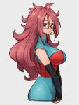  1girl android_21 blue_eyes breasts checkered checkered_dress closed_mouth dragon_ball dragon_ball_fighterz dress earrings glasses grey_background hair_between_eyes hoop_earrings jewelry kemachiku large_breasts long_hair looking_at_viewer red_hair simple_background smile solo 