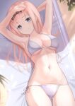  1girl armpits arms_up ass_visible_through_thighs bare_arms bare_shoulders beach_mat bikini blue_eyes bow breasts cleavage fujiwara_chika grey_bikini groin hair_bow halterneck highres kaguya-sama_wa_kokurasetai_~tensai-tachi_no_renai_zunousen~ long_hair looking_at_viewer lying marinesnow medium_breasts navel on_back pink_hair side-tie_bikini smile solo stomach string_bikini swimsuit thighs 