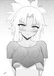  1girl absurdres blush braid breast_squeeze breasts fate/grand_order fate_(series) french_braid greyscale highres isetnation looking_at_viewer md5_mismatch monochrome mordred_(fate) mordred_(fate)_(all) ponytail simple_background small_breasts tan tanline 