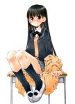  1girl amagami ayatsuji_tsukasa black_hair black_jacket black_legwear blazer brown_eyes coat commentary_request desk grey_skirt jacket kibito_high_school_uniform kneehighs kusano_kouichi long_hair long_sleeves orange_coat pleated_skirt school_desk school_uniform shoes simple_background sitting skirt solo sweater_vest uwabaki white_background 