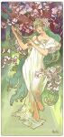 1girl alphonse_mucha_(style) alternate_costume alternate_hairstyle art_nouveau bangs barefoot branch cherry_blossoms closed_eyes dress feet fine_art_parody flower full_body green_nails highres komano_aunn long_hair nail_polish open_mouth outdoors parody petals shiratama_(irodoli) smile solo standing toes touhou tree_branch very_long_hair white_dress 