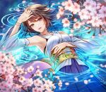  1girl amazio_komeko blue_eyes breasts brown_hair detached_sleeves final_fantasy final_fantasy_x flower green_eyes hair_ornament hakama heterochromia japanese_clothes jewelry looking_at_viewer necklace open_mouth short_hair solo water yuna_(ff10) 
