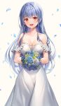  1girl :d bangs bare_shoulders blue_flower blue_hair blue_rose bouquet breasts bride cleavage collarbone commentary_request cross cross_earrings dress earrings eyebrows_visible_through_hair flower grey_background highres holding holding_bouquet jewelry large_breasts long_hair looking_at_viewer lunacle off-shoulder_dress off_shoulder open_mouth original petals red_eyes rose simple_background smile solo very_long_hair wedding_dress white_dress white_flower white_rose 