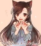  1girl :d animal_ears asymmetrical_bangs bangs brown_hair fangs fingernails grey_shirt imaizumi_kagerou long_hair long_sleeves looking_at_viewer lowres open_mouth pink_background red_eyes red_nails sen1986 sharp_fingernails shiny shiny_hair shirt sketch smile solo touhou upper_body very_long_hair wolf_ears 