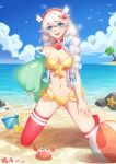  1girl absurdres ball beach beachball bikini blue_eyes blue_sky braid breasts bucket cleavage cloud cloudy_sky commentary_request crab highres holding honkai_(series) honkai_impact_3rd kiana_kaslana long_hair looking_at_viewer open_mouth pink_legwear sand shovel sky smile solo starfish starfish_hair_ornament summer swimsuit thighhighs twin_braids water xiaomu_(a414171448) 