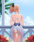  1girl ass bare_back bare_shoulders beach bikini bird blonde_hair blue_bow blue_sky bow cloud cowboy_shot crossed_arms flower from_behind genshin_impact hair_bow hibiscus highres jean_gunnhildr leaning_forward leaning_on_rail lilia_creative looking_to_the_side o-ring o-ring_top ocean outdoors palm_tree ponytail red_flower seagull see-through sidelocks sky solo strapless strapless_bikini swimsuit tree watermark white_bikini white_swimsuit 
