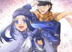  1girl :d asirpa blue_coat blue_eyes blue_gloves blue_hair blue_headband brown_eyes brown_hair coat earrings fingerless_gloves floating_hair gloves golden_kamuy haruka_(5885352) hat headband hiding highres jewelry long_hair long_sleeves military_hat open_mouth outdoors scar scar_on_cheek scar_on_face scarf short_hair smile sugimoto_saichi upper_body white_background yellow_scarf 