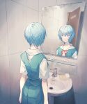  1girl aqua_skirt ayanami_rei bathroom blouse blue_hair closed_mouth collarbone cowboy_shot expressionless eyebrows_visible_through_hair faucet hajikkoneko highres indoors looking_at_mirror mirror neck_ribbon neon_genesis_evangelion open_door red_eyes red_neckwear reflection ribbon school_uniform serafuku short_hair short_sleeves sink skirt soap solo suspender_skirt suspenders tile_wall tiles tokyo-3_middle_school_uniform_(evangelion) toothbrush toothpaste white_blouse 