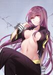  1girl absurdres aer_(tengqiu) backless_outfit breasts center_opening cleavage cosplay emiya_alter emiya_alter_(cosplay) fate/grand_order fate_(series) highres long_hair looking_at_viewer medium_breasts purple_hair red_eyes scathach_(fate) scathach_(fate)_(all) smile solo very_long_hair waist_bow 