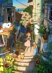  1girl backpack bag brown_eyes brown_hair building camera cat dress hair_ornament hairclip highres holding holding_camera leaf looking_at_viewer original outdoors pink_dress pipe plant potted_plant shadow short_hair solo stairs standing tao_(tao15102) wide_shot window 