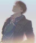  1boy aiguillette aqua_background arms_at_sides backlighting black_coat black_eyes black_hair blue_jacket blurry blurry_background chisan_(chisan_chishou) chromatic_aberration close-up coat collared_jacket collared_shirt fullmetal_alchemist gradient gradient_background grey_background head_back highres jacket lens_flare light_particles light_smile looking_afar looking_back male_focus muted_color open_clothes open_coat parted_lips profile roy_mustang shiny shiny_hair shirt simple_background spiked_hair teeth tsurime upper_body upper_teeth vignetting white_shirt 