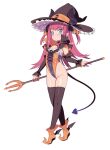  1girl black_legwear blade_(galaxist) blue_eyes blush brown_headwear closed_mouth demon_tail elizabeth_bathory_(fate) elizabeth_bathory_(fate)_(all) fate/grand_order fate_(series) flat_chest full_body hat highleg highleg_leotard holding horn_ornament horns horns_through_headwear leotard long_hair looking_at_viewer pink_hair pointy_ears pointy_footwear simple_background skindentation solo standing tail thighhighs two_side_up white_background witch_hat 